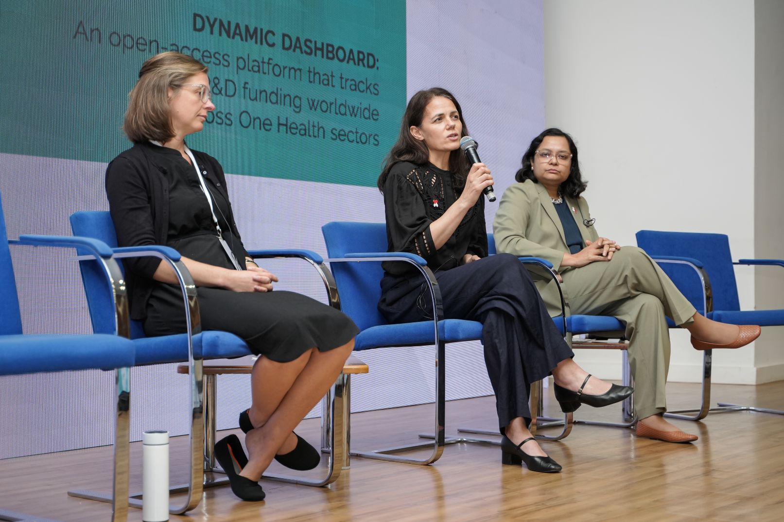 Betsy Trainor - CARB-X, Lesley Ogillve - Global AMR R&D Hub, and Shawon Lahiri - EUP OHAMR, in a panel discussion.