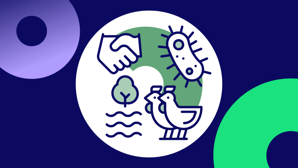 Illustration of AMR transmission: Circle containing chickens, bug, water, tree and hands.
